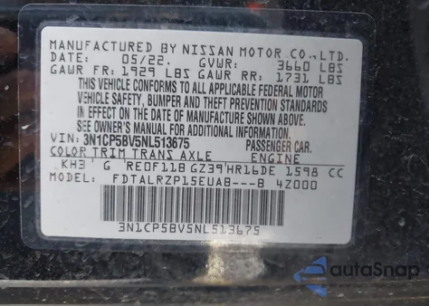 2022 Nissan Kicks S Xtronic Cvt z USA, uszkodzony, nr VIN 3N1CP5BV5NL513675